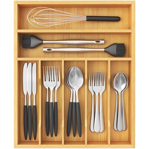 Lifewit Silverware Drawer Organizer, Utensil Tray for Kitchen, Flatware and Cutlery Holder, Storage for Spoons Forks Knives, 33 x 42cm, Natural