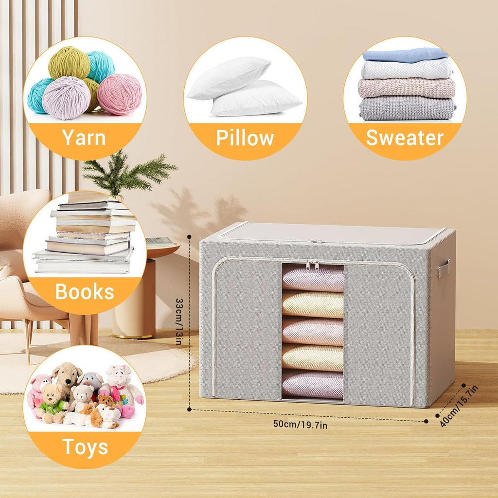 Skiennix Clothes Storage Bins - Foldable Organizers with Metal Frame | 66L, 3-Pack for Clothes & More