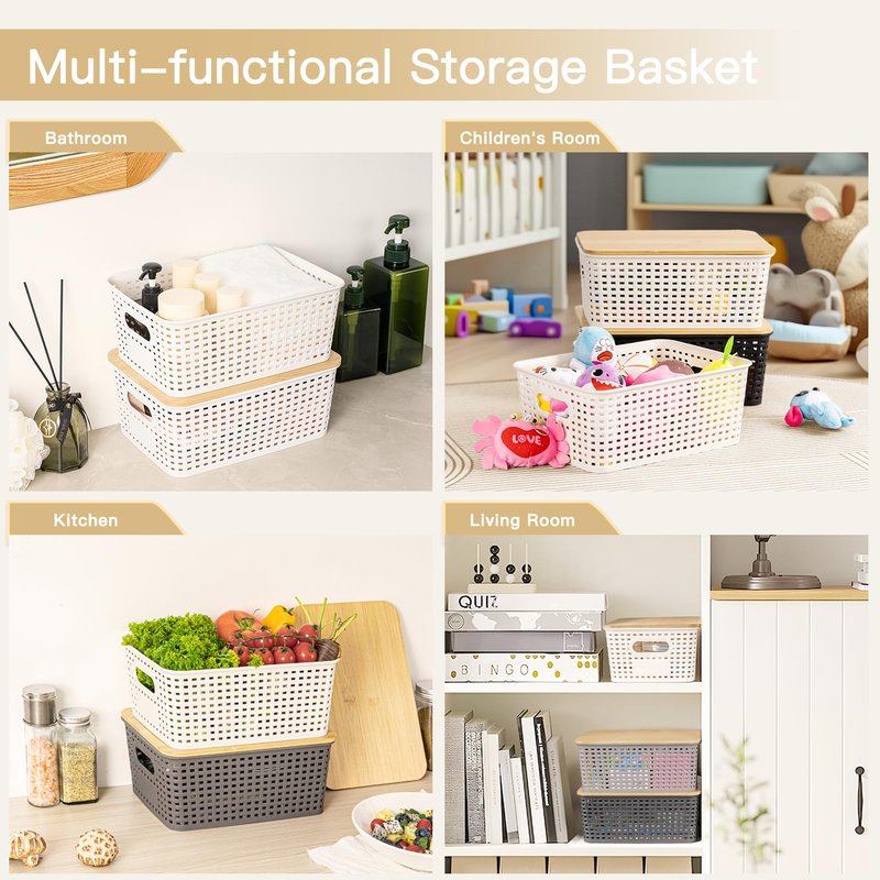 Criusia 6 Pack Plastic Storage Baskets With Bamboo Lid, Stackable Storage Baskets for Organizing Desktop Closet Shelves Drawers Pantry Organization Office Playroom Classroom