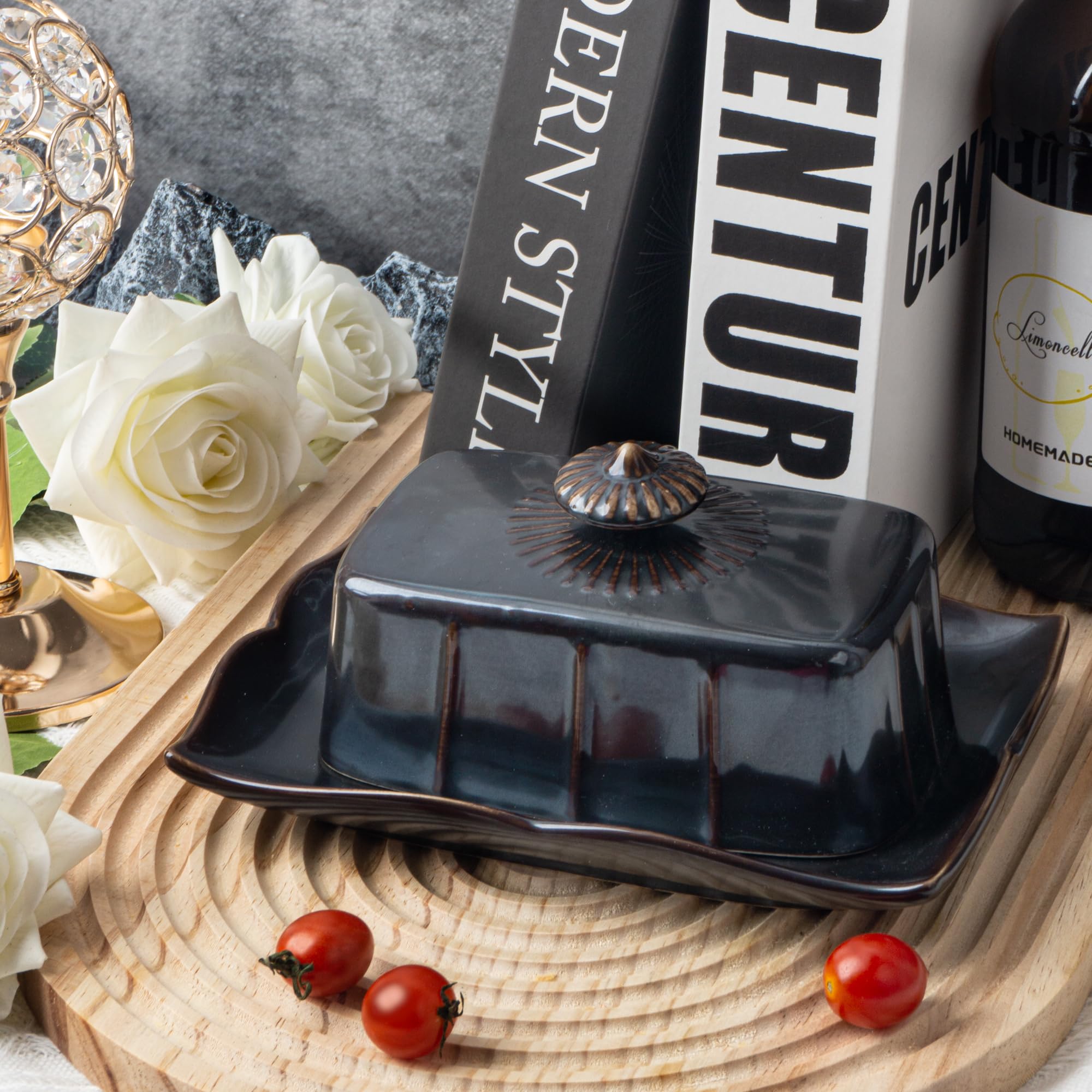 Butter Dish with Lid for Countertop, Large Ceramics Butter Dish Container, 7.5 Inch Butter Holder with Handle, Black