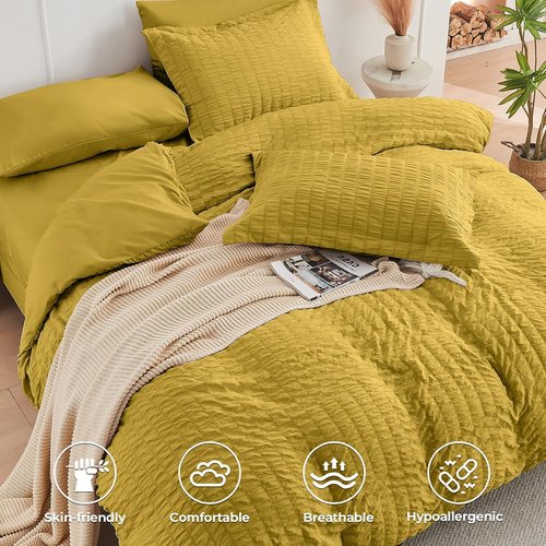 HYMOKEGE Twin XL Comforter Set - Mustard Yellow Seersucker 5-Piece All-Season Luxury Bedding Set