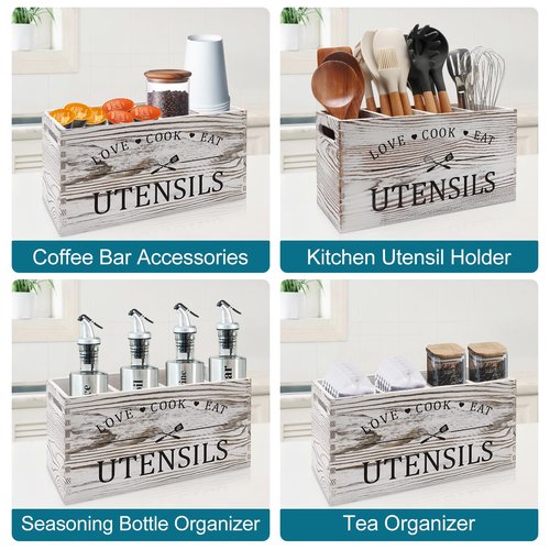 Rustic White Wooden Utensil Holder for Kitchen Counter Decor Extra Large Utensil Crock Organizer Silverware Caddy Farmhouse Wood Cutlery Holder Cooking Utensil Stand Storage kitchen Tools Holder