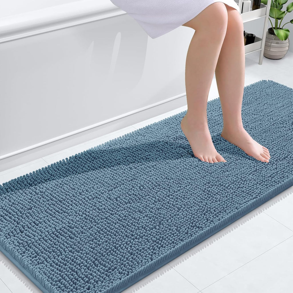 OLANLY Bathroom Runner Rugs - Soft Absorbent Chenille Mats with Rubber Backing | 59x20, Airy Blue