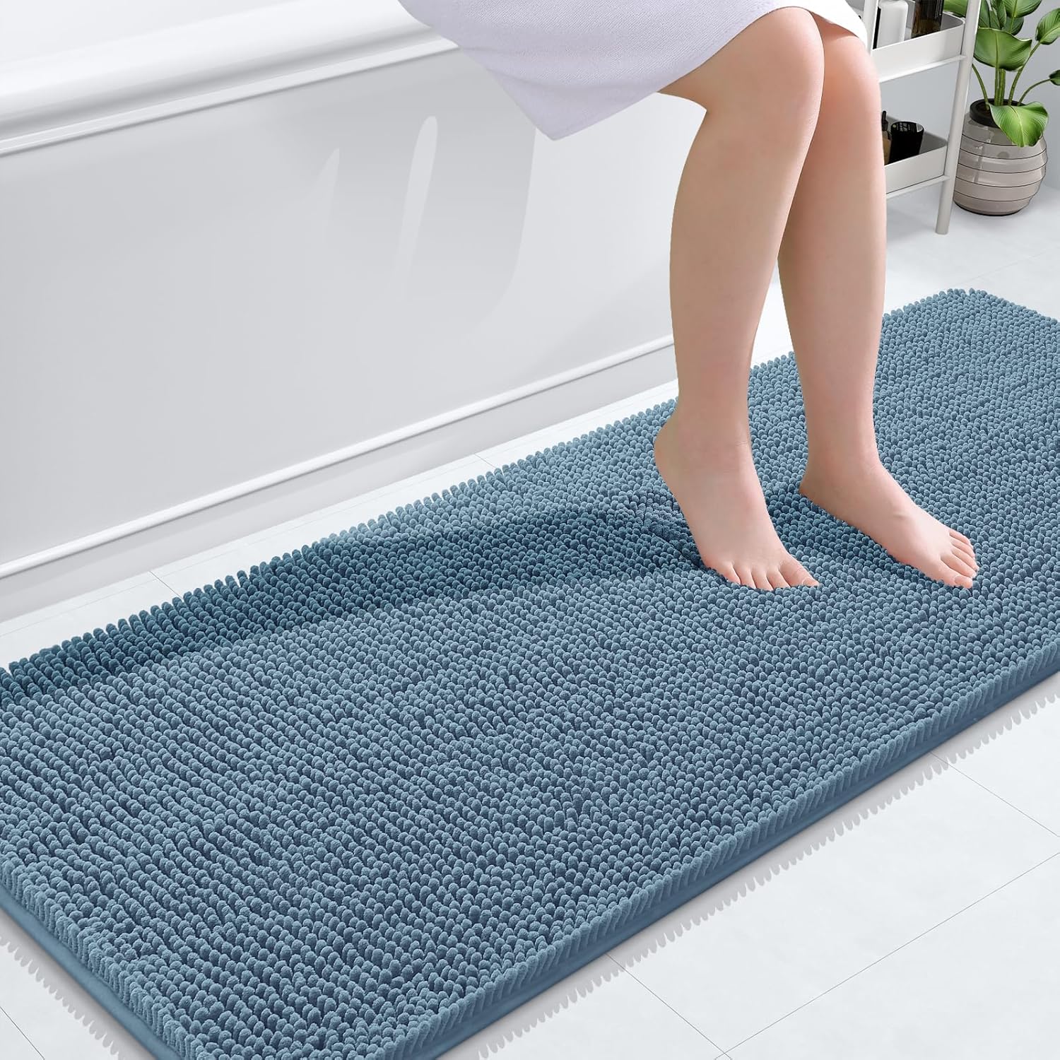 OLANLY Bathroom Runner Rugs - Soft Absorbent Chenille Mats with Rubber Backing | 59x20, Airy Blue