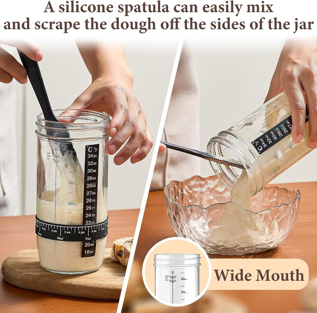Skiennix Glass Sourdough Starter Jar Set - 24 oz Wide Mouth Kit with Date Marked Band & Thermometer