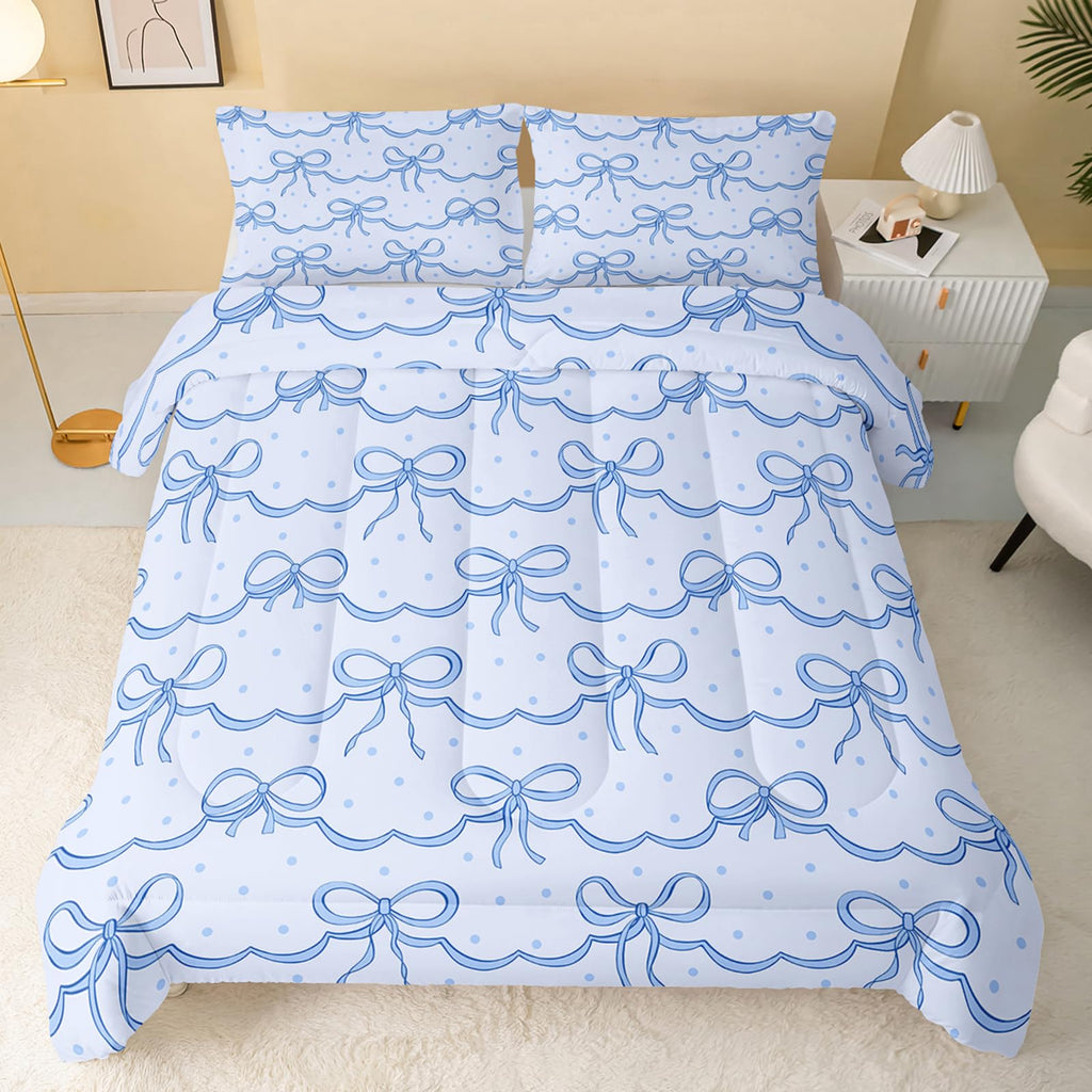 QOOMO 3Pcs Bow Comforter Set Full,Blue Bow Bedding Set for Teens Boys Girls,Blue Bow Dots Printed Comforter with 2 Pillowcases,Down Alternative,Soft and Lightweight