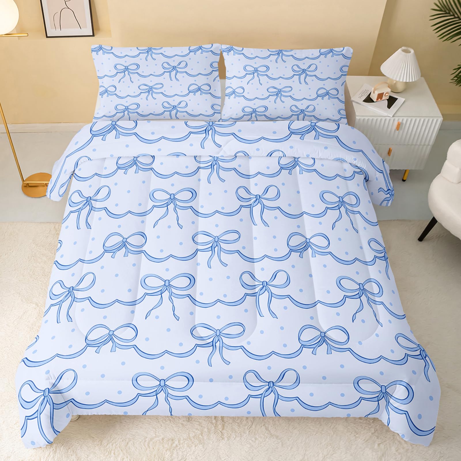 QOOMO 3Pcs Bow Comforter Set Full,Blue Bow Bedding Set for Teens Boys Girls,Blue Bow Dots Printed Comforter with 2 Pillowcases,Down Alternative,Soft and Lightweight