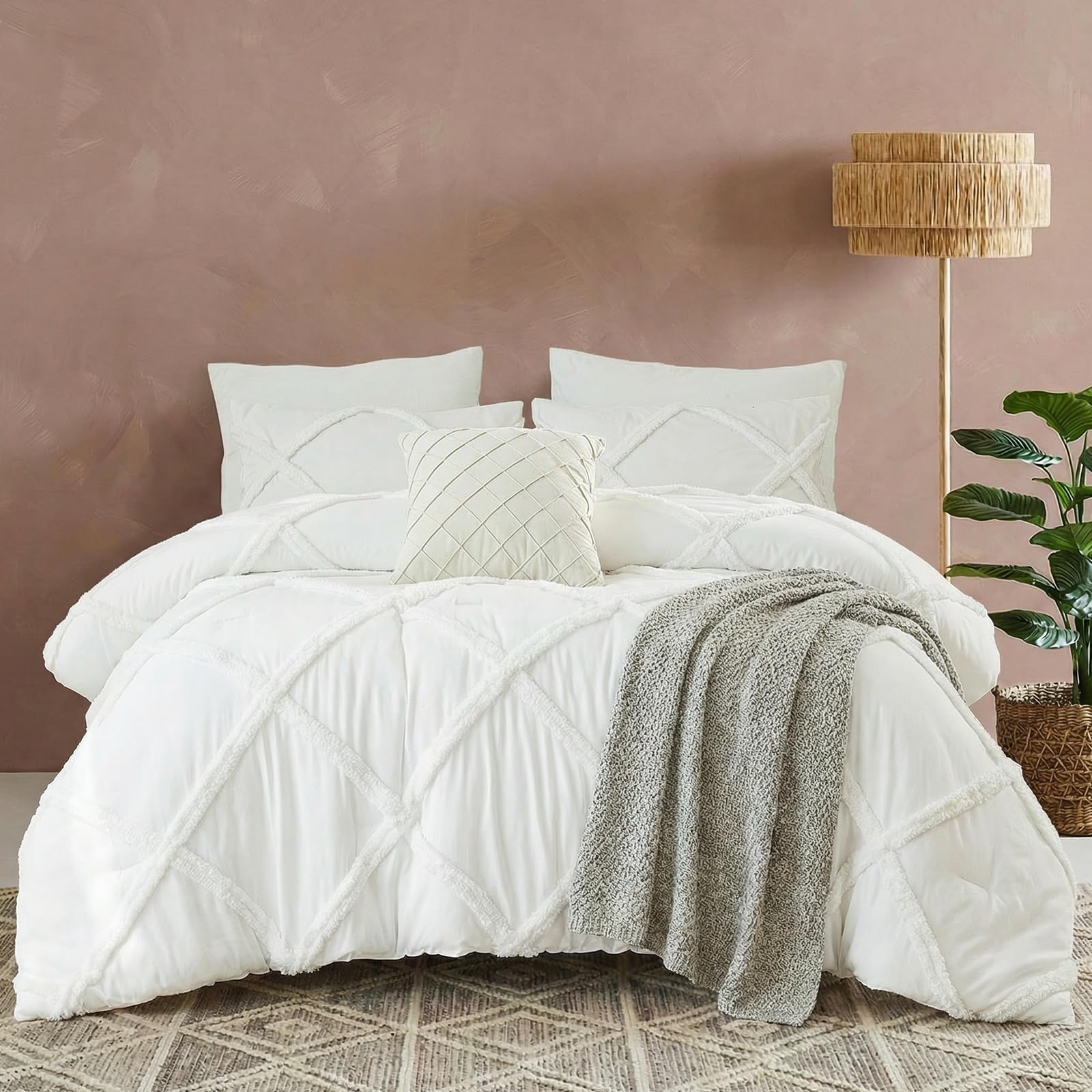 Bedbay White Tufted Comforter Set Queen Size Shabby Chic Boho Bedding Comforter 3 Pcs Lightweight Microfiber Filling Farmhouse Style All Seasons Queen Bed Set