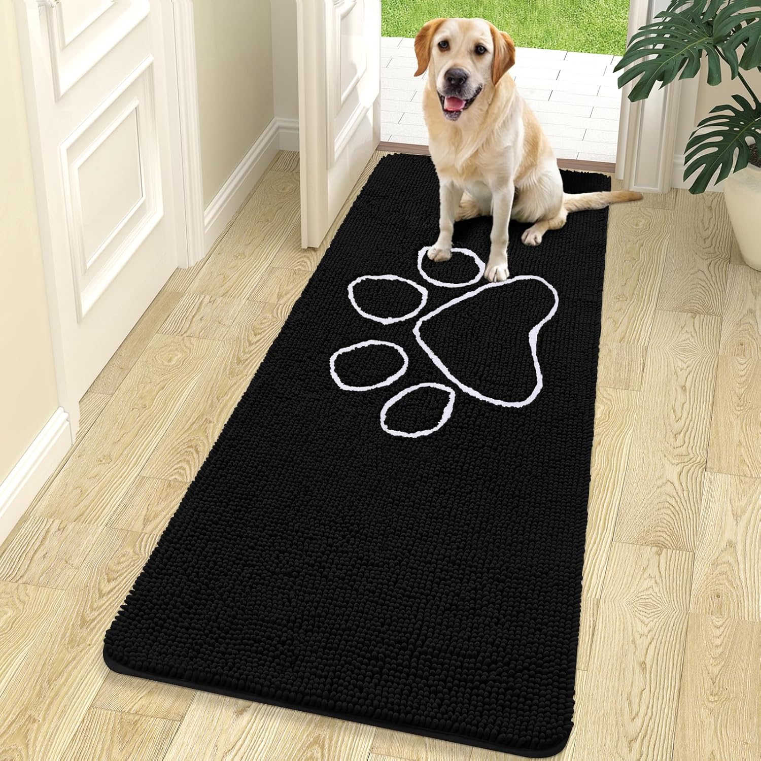 OLANLY Dog Door Mat - Absorbent Non-Slip Mud Mat for Paws | 70x24 Black Chenille Design