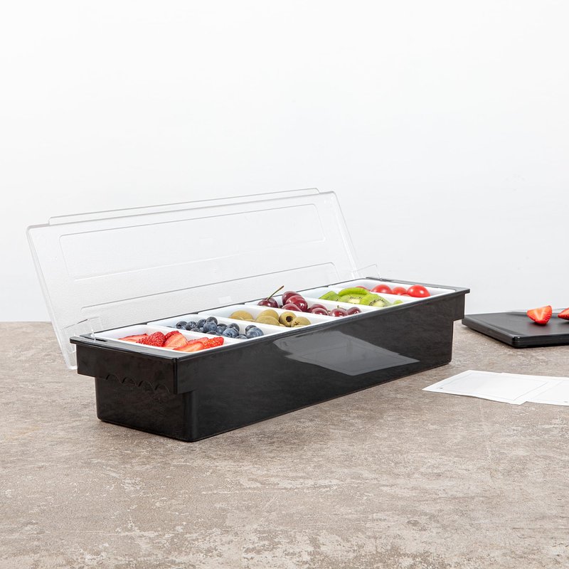 Restaurantware Bar Lux 19.6 x 6.3 x 3.7 Inch Condiment Caddy 1 Durable Bar Caddy - 6 Removable Compartments Built-In Lid Black Plastic Condiment Holder For Restaurant Store Cocktail Garnish