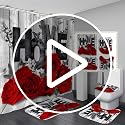 4-Piece Red Rose Shower Curtain Set with Non-Slip Bath Rug and Mats