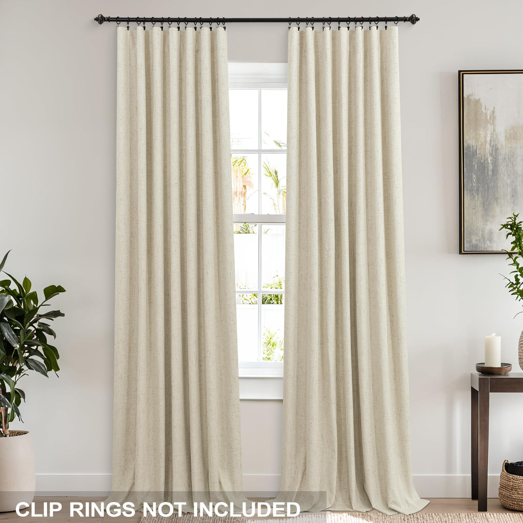 KOUFALL 100 Inch Curtains Long,Blackout Beige Linen Back Tab Pleated Black Out Curtains for Bedroom Living Room 2 Panels Set