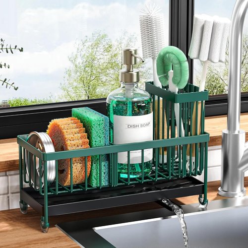 Cisily Kitchen Sink Caddy Organizer - Rustproof 304 Stainless Steel with High Brush Holder | Dark Green, 9.25”