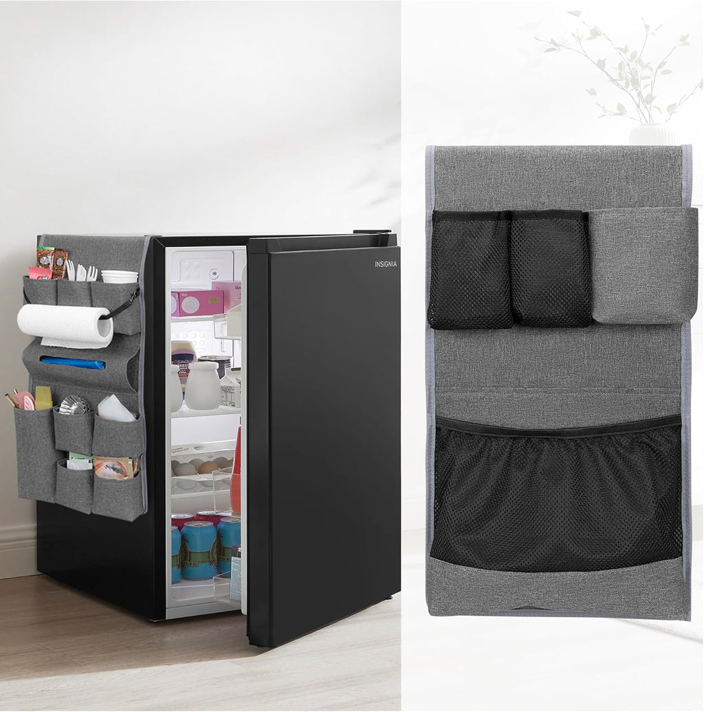 Rexmica Mini Fridge Organizer - 14-Pocket Dust Cover for Kitchen, Office & Dorm Storage | Gray