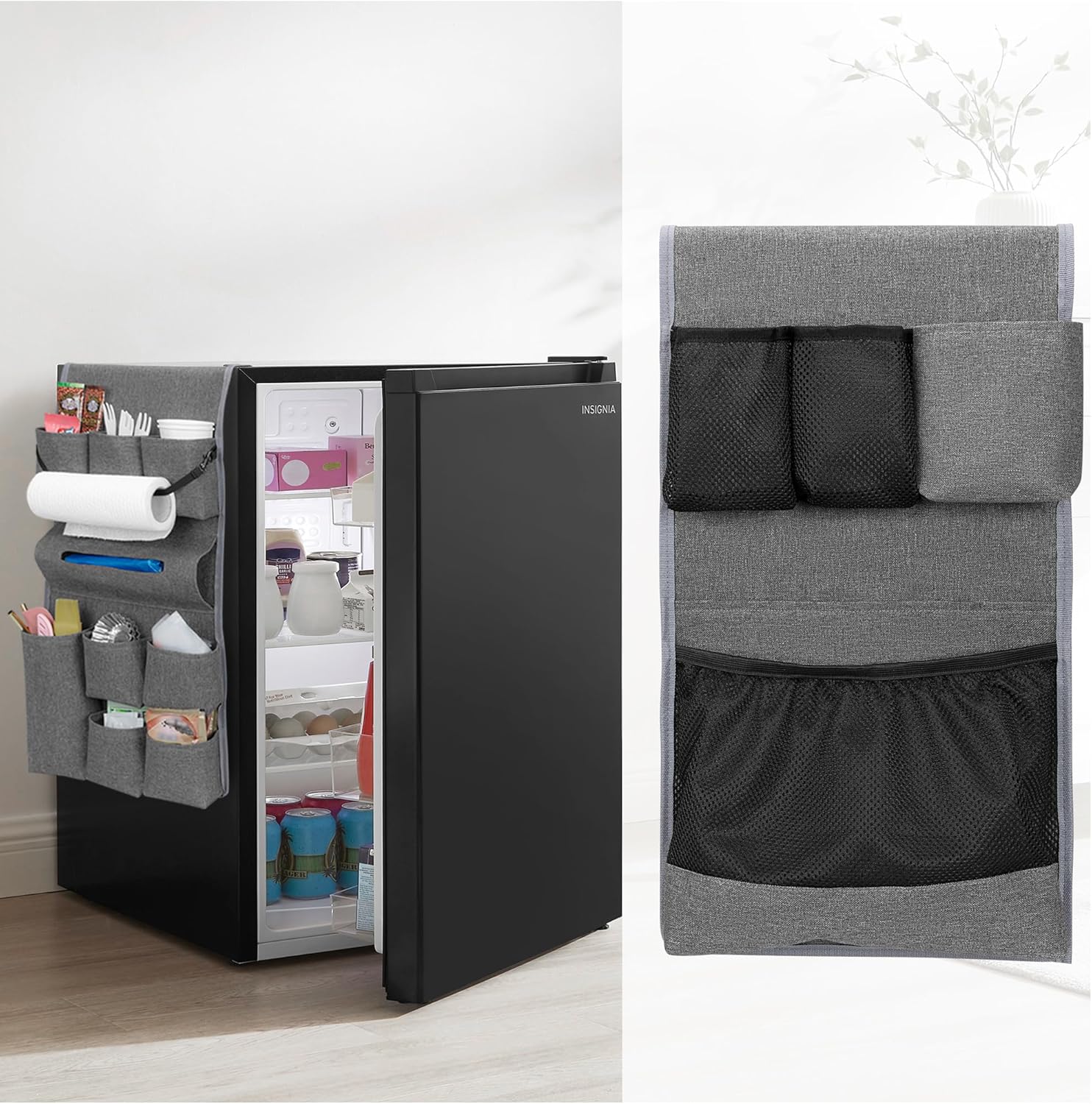 Rexmica Mini Fridge Organizer - 14-Pocket Dust Cover for Kitchen, Office & Dorm Storage | Gray
