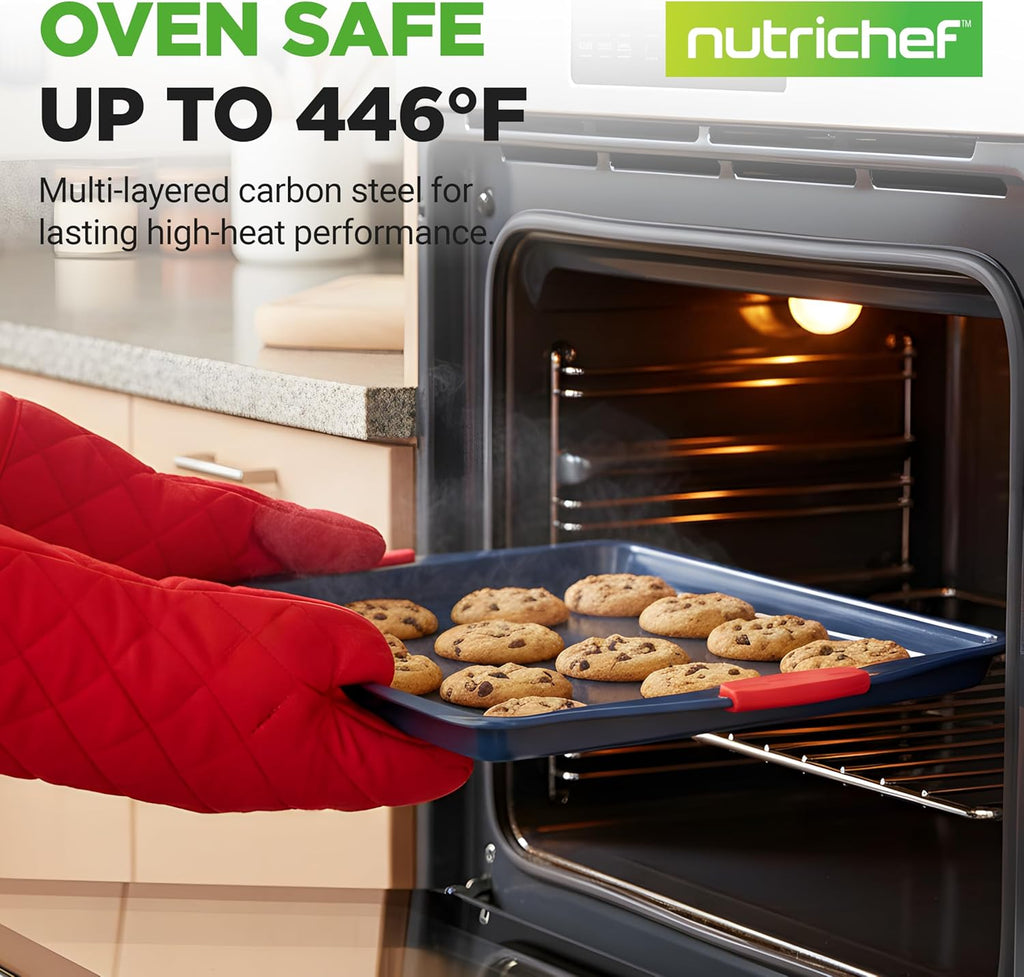 NutriChef Nonstick Baking Pans Set - Durable Carbon Steel Bakeware with Red Silicone Handles | Easy Cleanup (Blue)