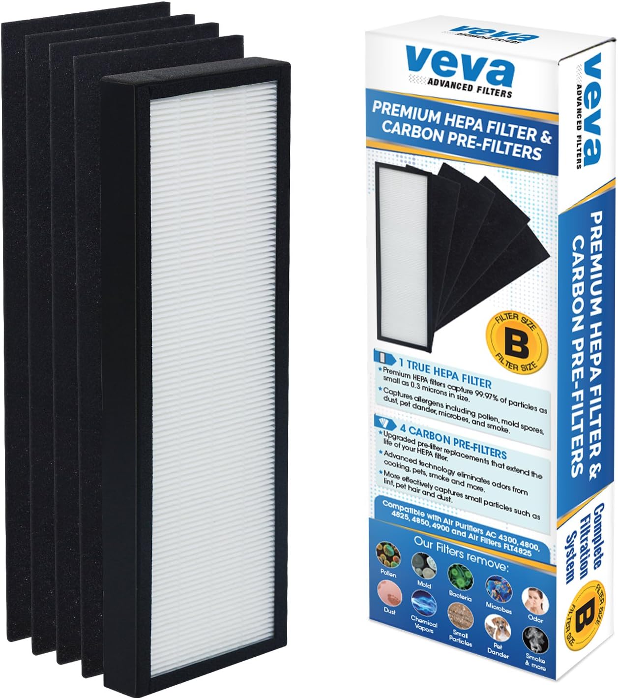 Veva HEPA Filter B - Compatible Replacement for Germ Guardian AC4825 & More | Includes 1 HEPA Filter & 4 Carbon Pre-Filters