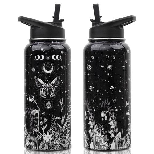 Insulated Goth Water Bottle 32 oz, Goth Gifts for Women, Halloween Gothic Water Bottle with Straw and Lid, Reusable Leakproof Water Bottle Stainless Steel