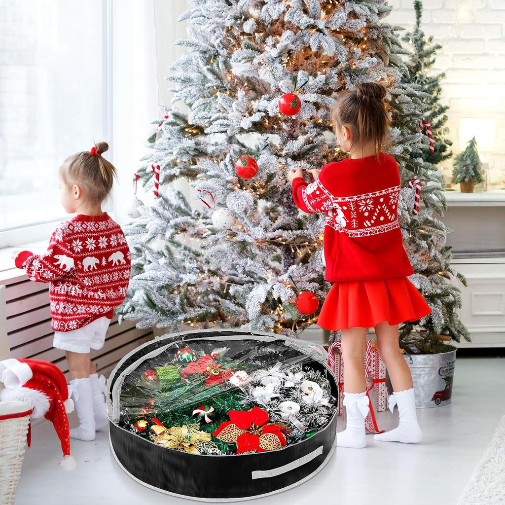 Regine Switzerland Christmas Wreath Storage Bag - 4 Pcs with Clear Window, Zipper & Handle | 36" Black Container