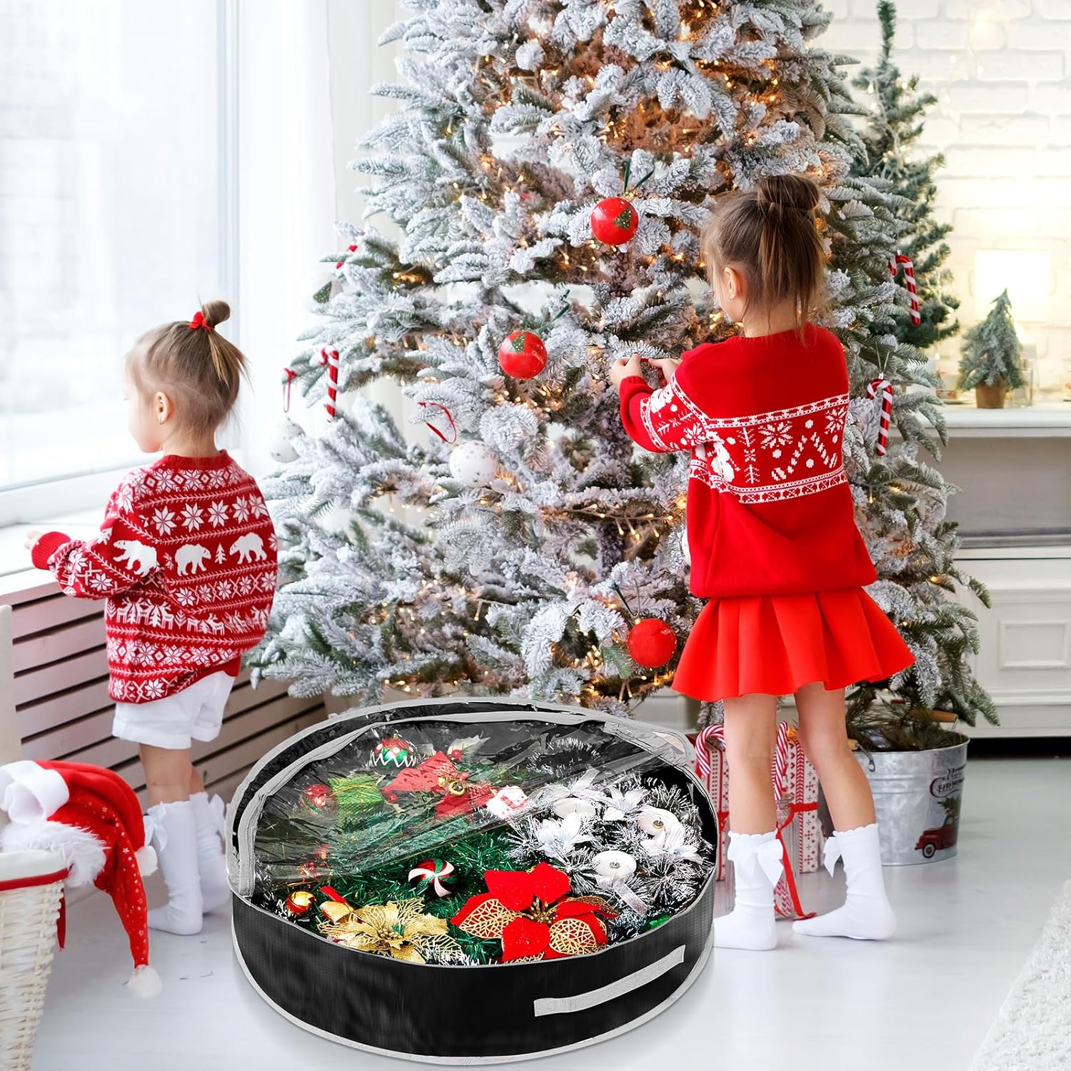 Regine Switzerland Christmas Wreath Storage Bag - 4 Pcs with Clear Window, Zipper & Handle | 36" Black Container