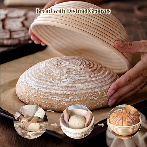 Banneton Bread Proofing Basket Set - 9-Inch Round Natural Rattan with 4 Linen Liners for Sourdough Baking