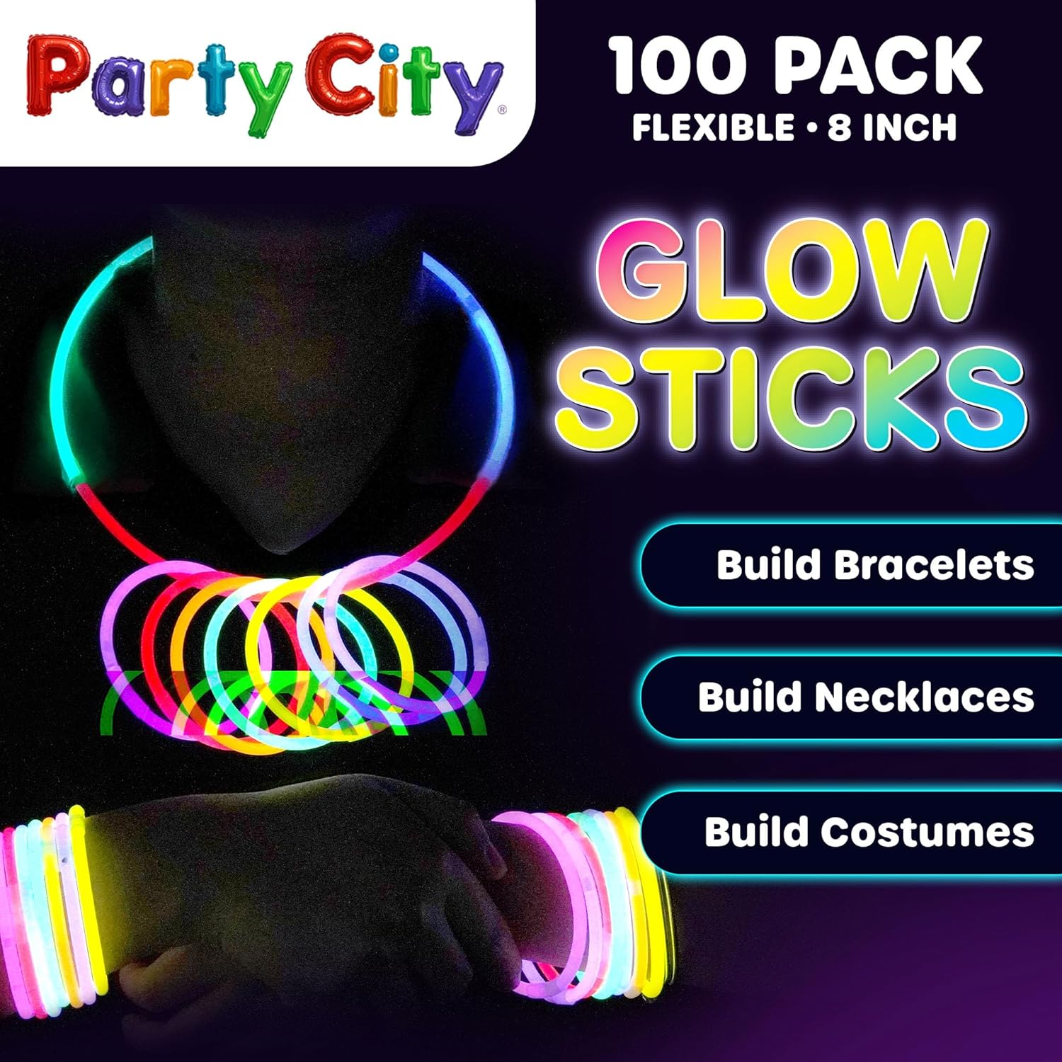 Party City 100 Glow Sticks - Neon Glow in the Dark Party Supplies | Connectors for Bracelets & Necklaces