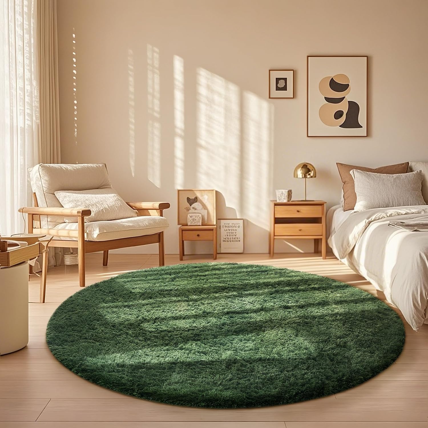 Ophanie Round Area Rug - 5Ft Grey Green Circle Design | Plush Soft Shaggy Carpet for Kids' Rooms
