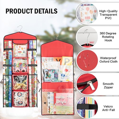 Christmas Wrapping Paper Organizer - Double-Sided Gift Bag Storage Holder | Red Color