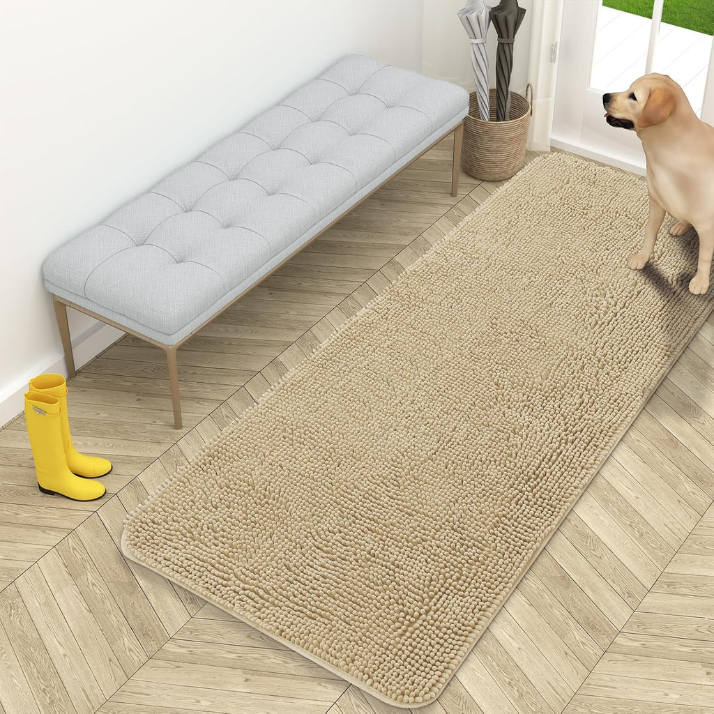 OLANLY Dog Door Mat - Absorbent Non-Slip Mud Mat for Muddy Paws | 59x24 Inches, Quick Dry Chenille, Beige