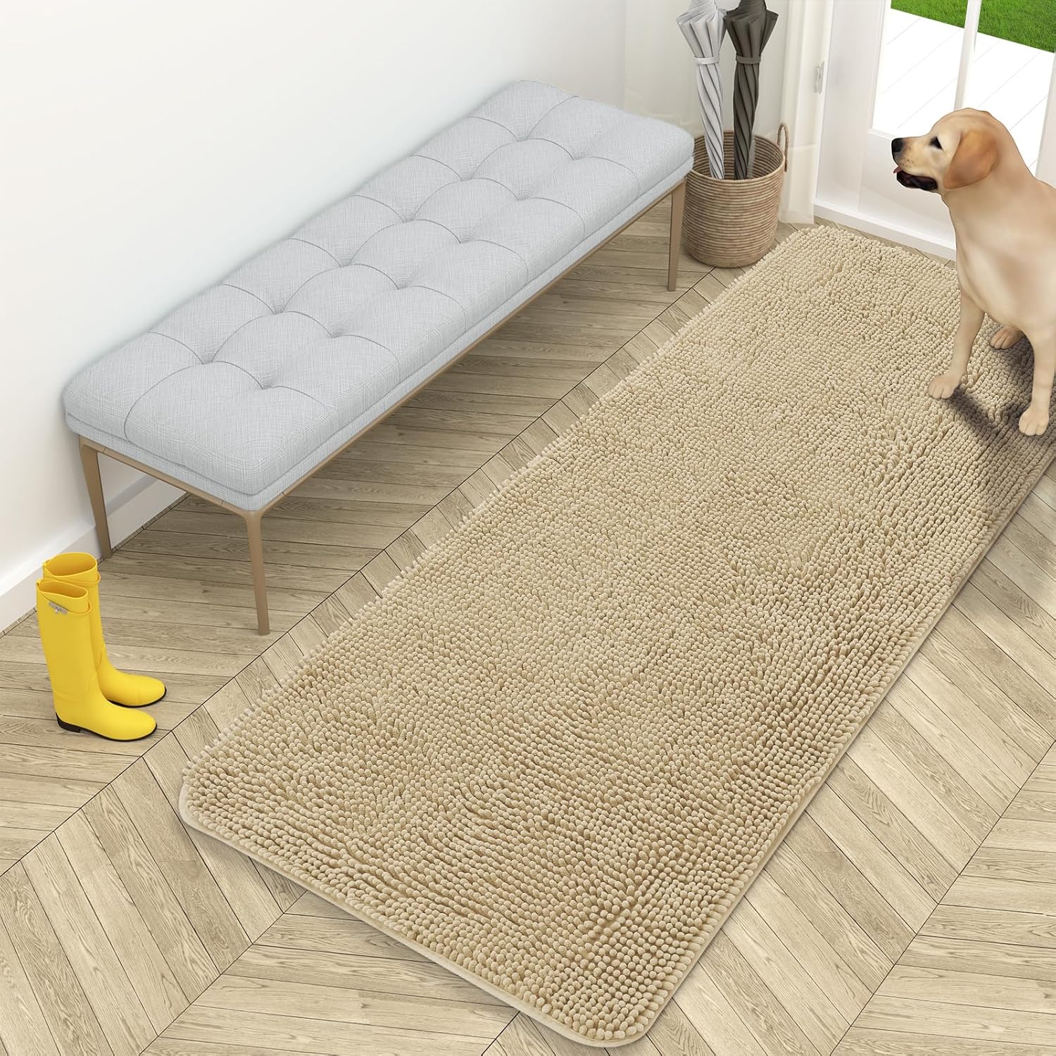 OLANLY Dog Door Mat - Absorbent Non-Slip Mud Mat for Muddy Paws | 59x24 Inches, Quick Dry Chenille, Beige