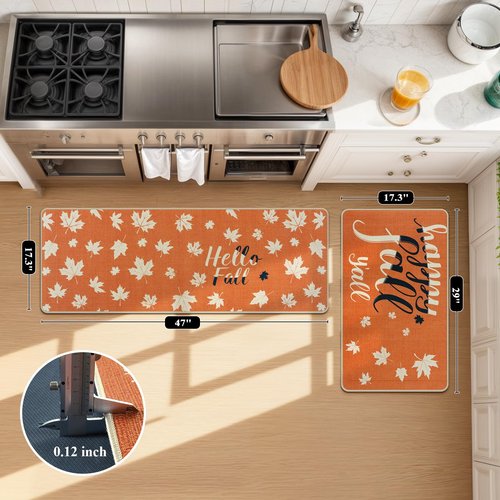 KIMODE Fall Kitchen Rugs Non Slip Washable 17"x47"+17"x29", Orange Farmhouse Kitchen Rugs Sets of 2, Halloween Rugs for Kitchen Floor, Flowers Grass Kitchen Mats for Floor Laundry Office Sink Desk