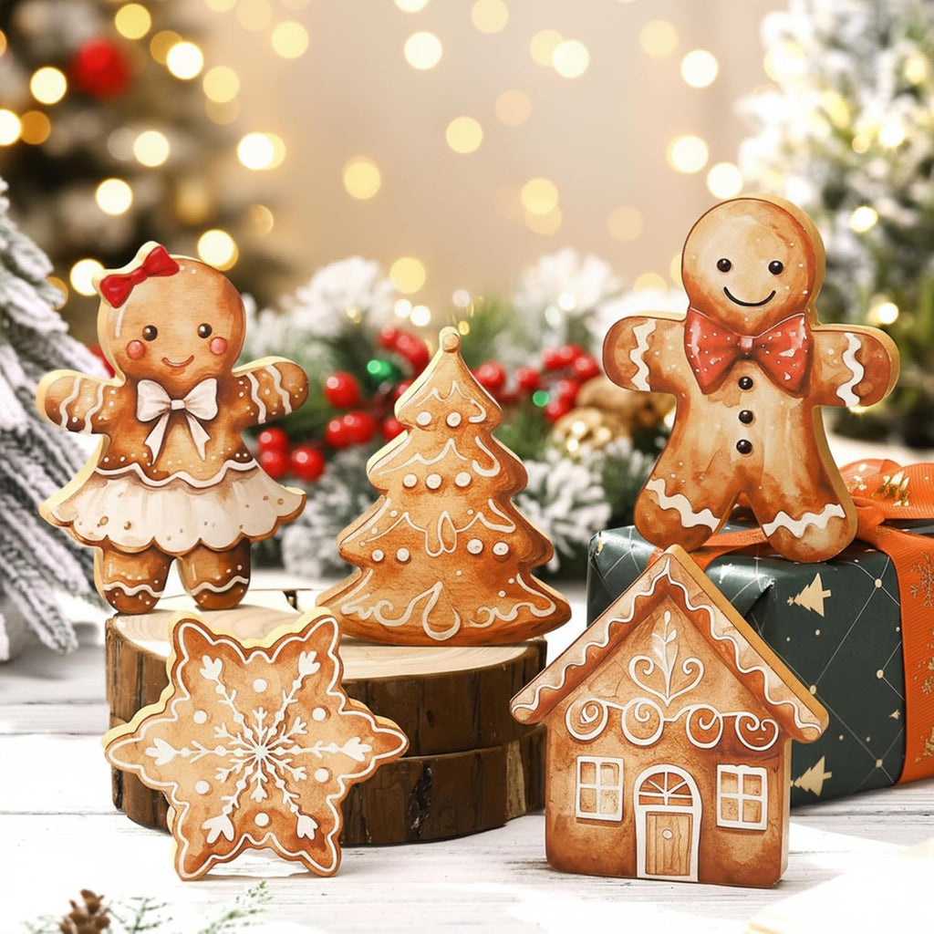 Threehoney Gingerbread Christmas Decorations - 5 Pcs Cute Wooden Table Decor for Home & Office