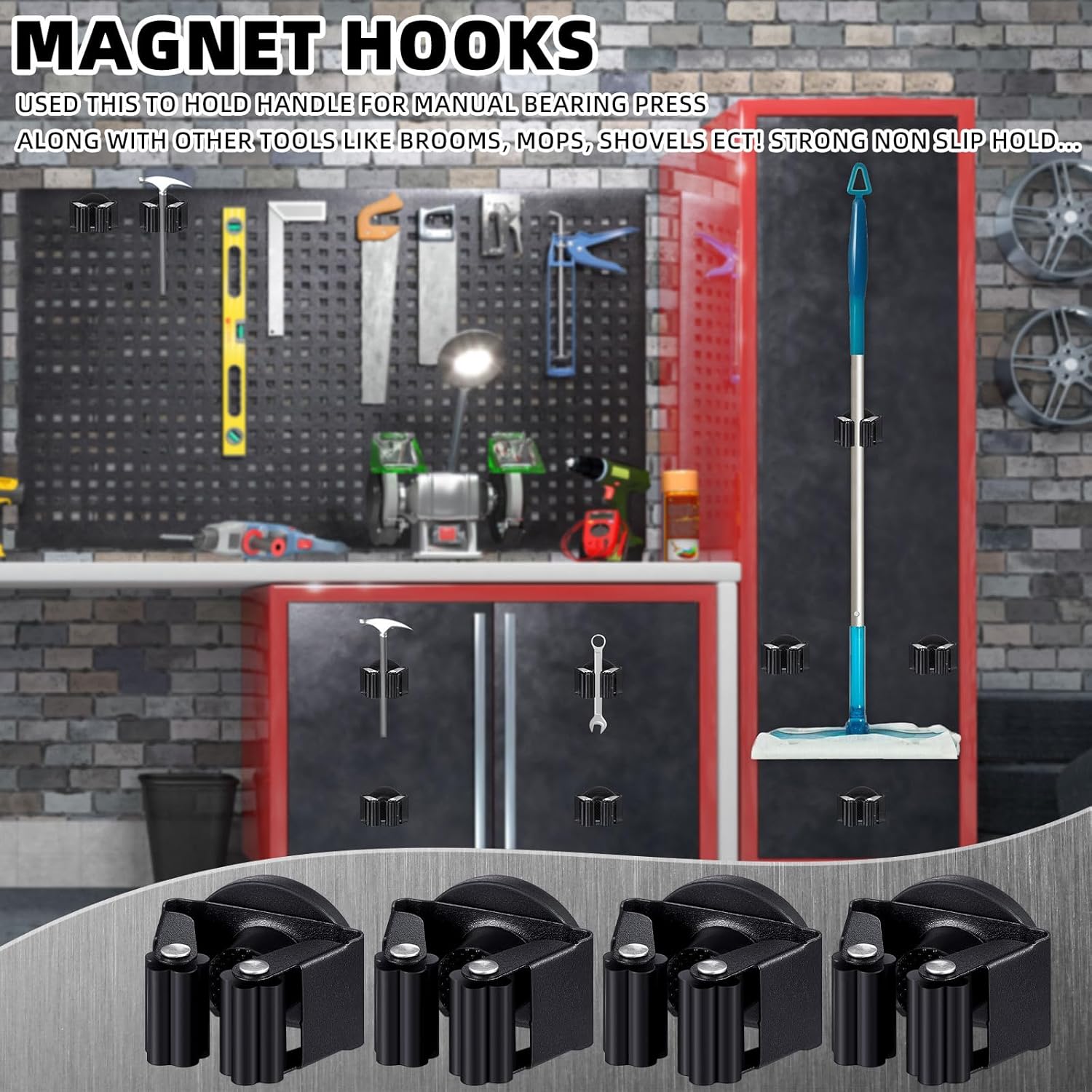 Vercraft Magnetic Mop Broom Holder - Movable Anti-Slip Wall Mount for Cleaning Tools | Black, 2 Pcs