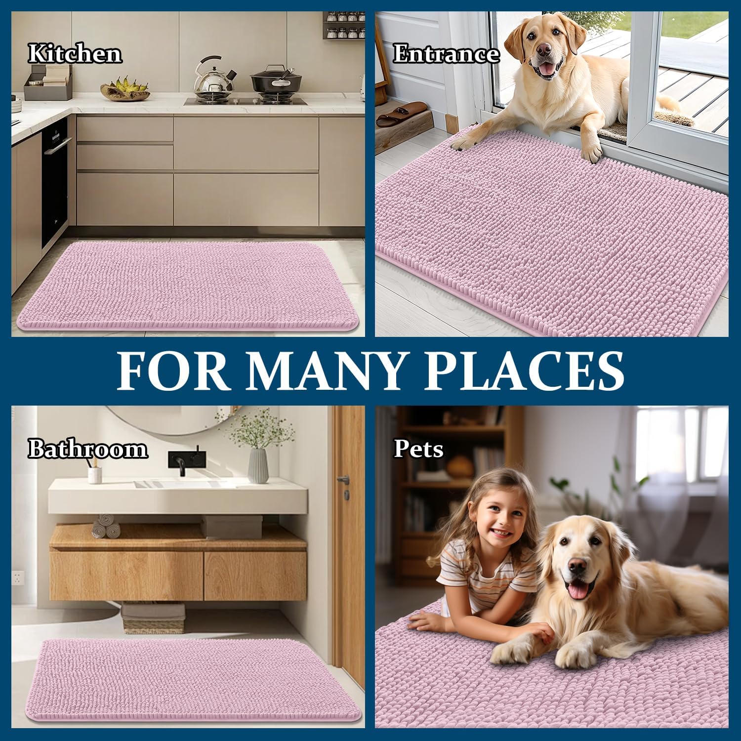OLANLY Dog Door Mat - Absorbent Non-Slip Mud Mat for Indoor Use | 35x24, Quick Dry Chenille in Dusty Rose