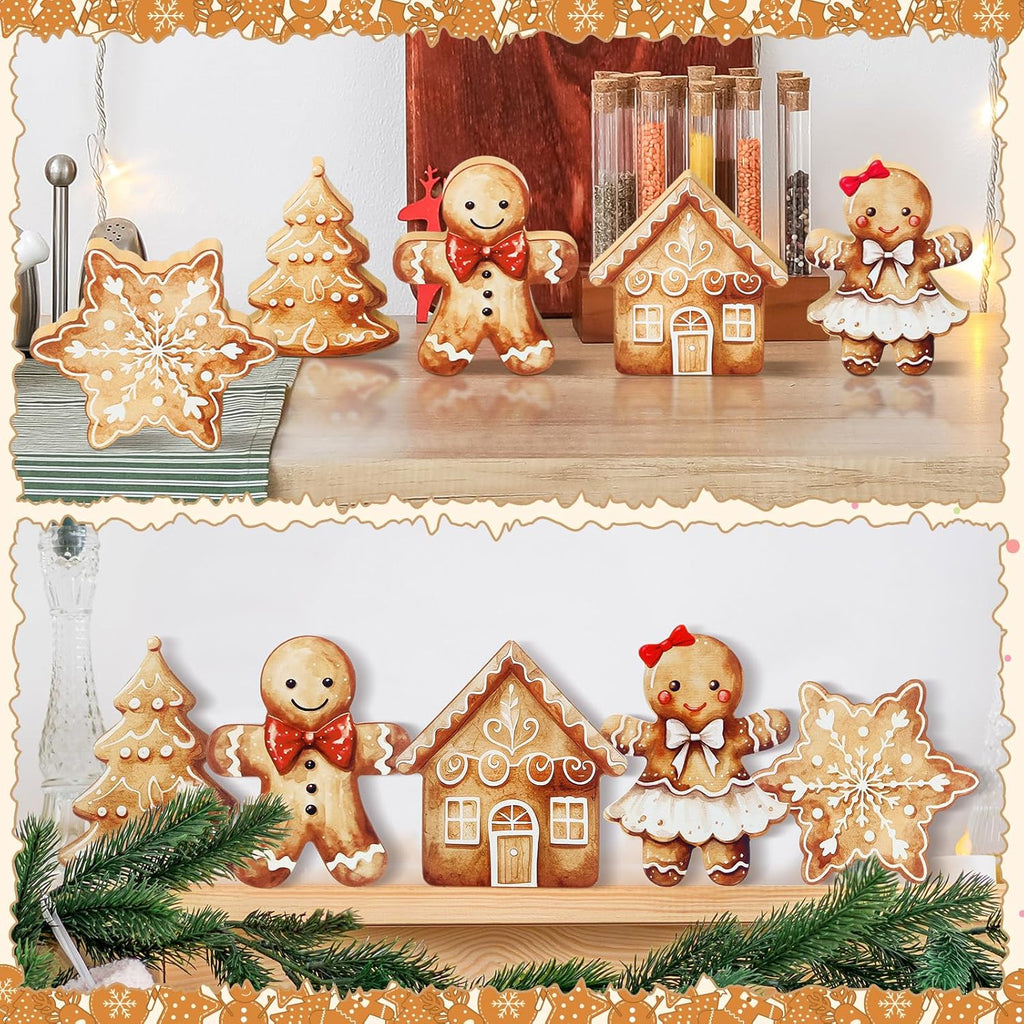 Threehoney Gingerbread Christmas Decorations - 5 Pcs Cute Wooden Table Decor for Home & Office