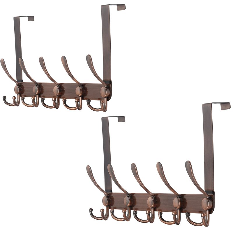 Dseap Over The Door Hook Hanger - Fits 1 3/8" to 1 3/4" Standard Doors | 5 Tri Hooks Heavy Duty Towel/Coat Rack | Door Organizer for Clothes, Jackets, Hats, Towels, Antique Copper, Pack of 2