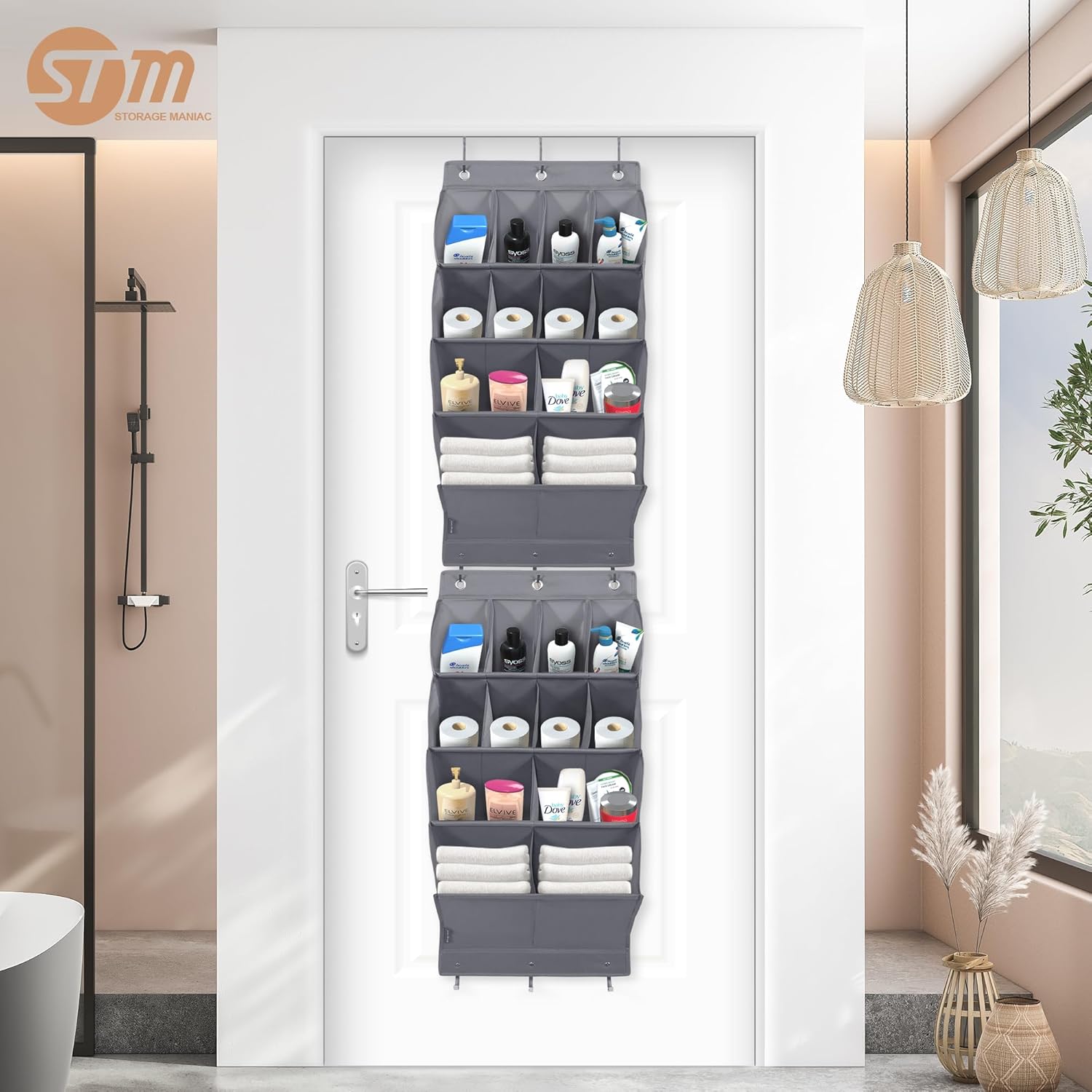 Storage Maniac Over Door Shoe Organizer - 12 Pocket Hanging Rack for Closet & Dorm | Grey