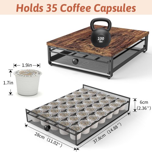 Ferrivista Coffee Pod Storage Drawer,with Sliding Baskets,Coffee Pod Holders for K Cups,35 Capacity Coffee Capsules Storage Organizer,Under Coffee Pot Storage Drawer,for Home Office, Kitchen (BROWN)