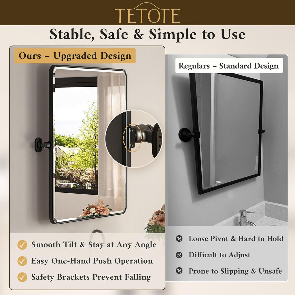 TETOTE Pivot Mirror - 20 x 30 Matte Black Rectangle Vanity Mirror | Adjustable Tilting Beveled Glass