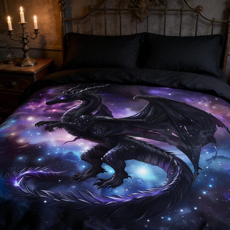 CCoutueChen Kids Dragon Bedding Set for Boys, Purple Blue Outer Space Comforter Set Twin Size, Fairy Tale Style Quilted Bed Set for Children Teens Room Decor/68 * 86