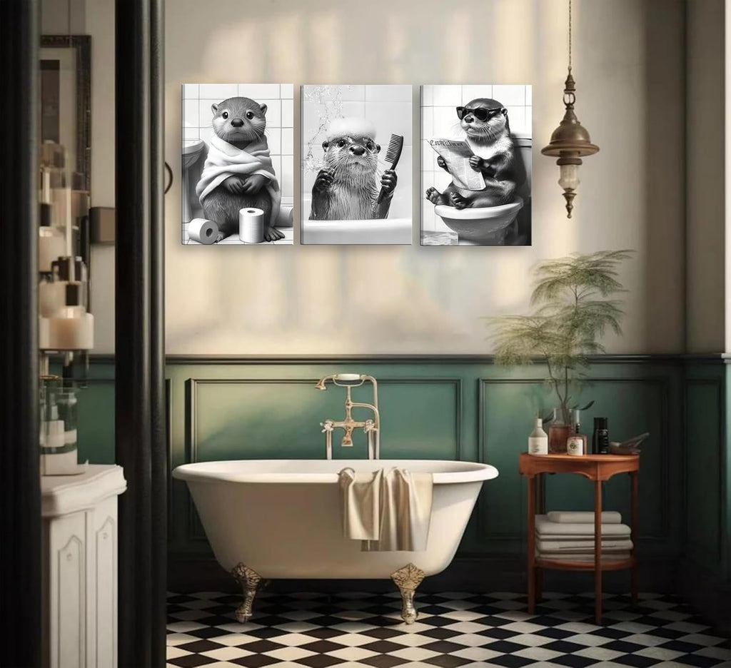 Skiennix Cute Otter Canvas Wall Art - Funny Black and White Animal Print | 3-Piece Bathroom Decor