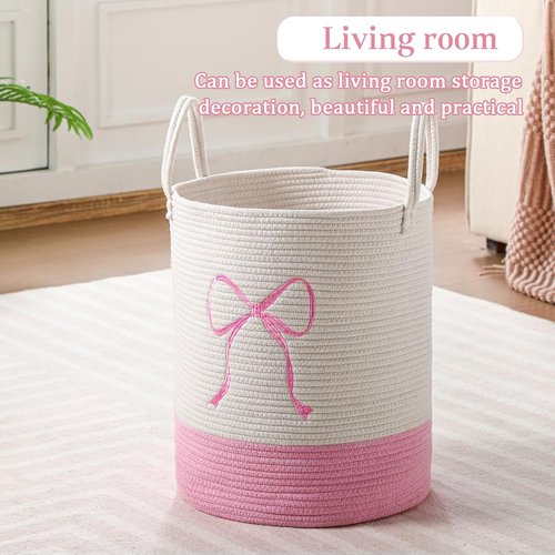 Honeydak Pink Laundry Basket - Coquette Cotton Rope Hamper for Girls' Room | 15 x 17.7 Inches Storage Solution
