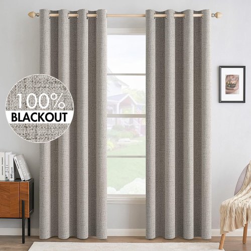 MIULEE 100% Blackout Linen Textured Curtains - Thermal Insulated Room Darkening Drapes | Warm Taupe, 52 x 90 Inch (2 Panels)