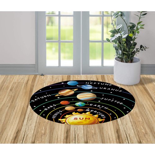 Cinbloo Space Rug for Kids Room Galaxy Solar System Area Round Mat for Boys Bedroom Educational Learning Planet Black Nursery Playroom Classroom Soft Floor Carpet (Black, 36"x36")