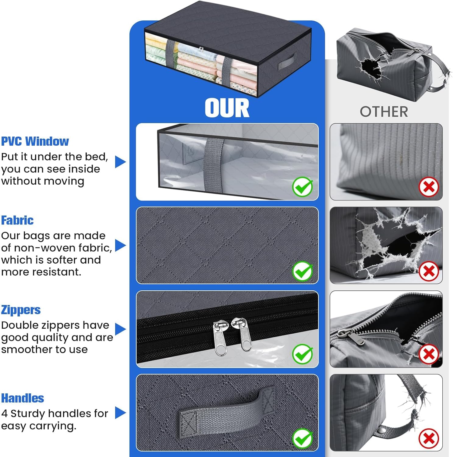 TasticTotes Under Bed Storage Containers - 4 Pack Collapsible Bags with Clear Front | 60L Grey
