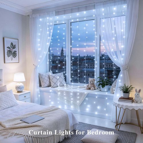 JMEXSUSS 200 LED Fairy Curtain Lights - Battery Operated & USB Plug In | Remote Control, 8 Modes, Waterproof for Wedding & Party Decor, White