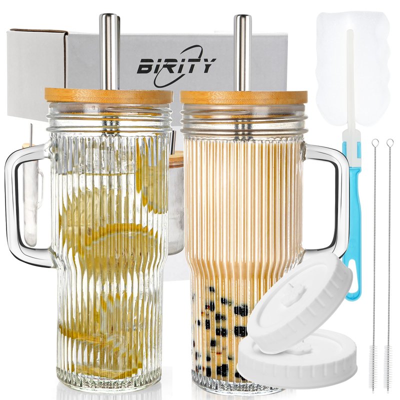 Birity 24oz Ribbed Glass Cup with Lids and Straws,2Pack Glass Tumbler with Handle,Reusable lced Coffee Cups with lids-Glass Cups with Lids,Mason Jar Cup for Smoothie,Coffee,Juice,Water,Tea,Travel Mug