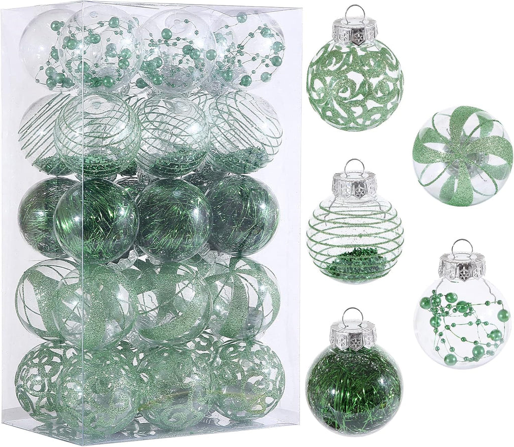 Skiennix Christmas Ornaments Set - 30pcs Shatterproof Green & Clear Decorative Baubles for Holiday Decor