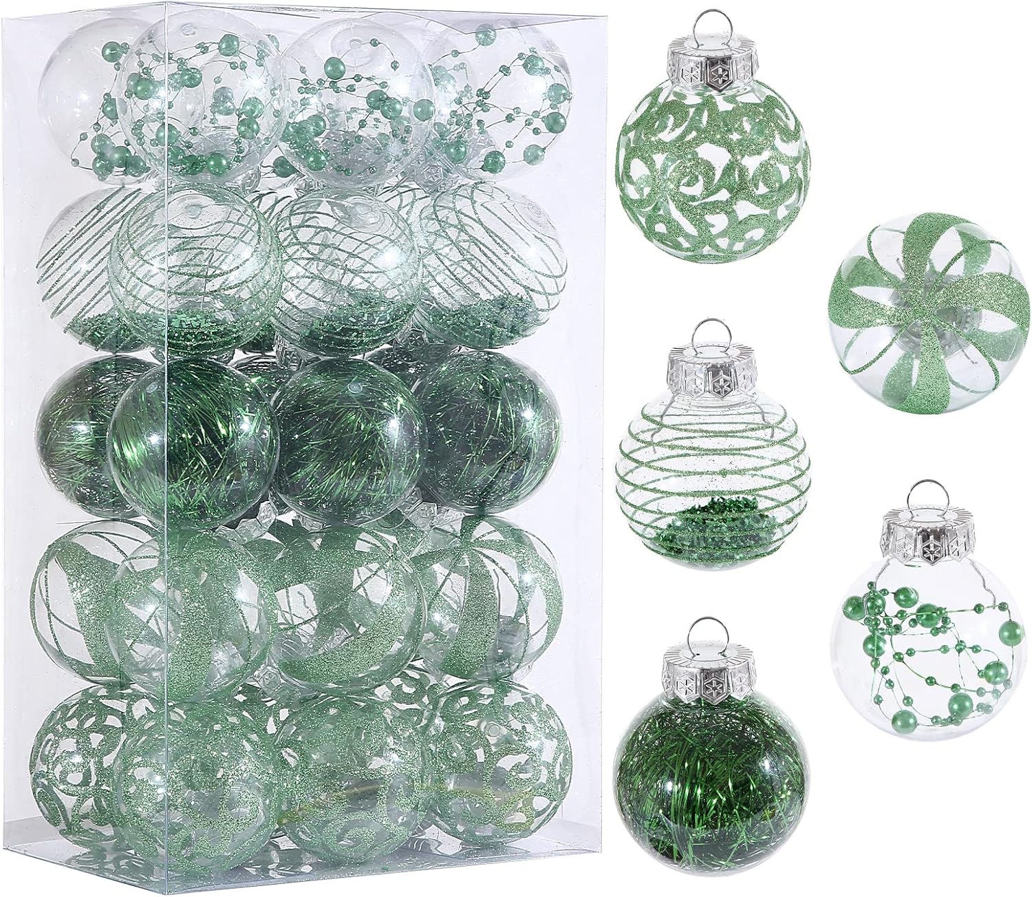 Skiennix Christmas Ornaments Set - 30pcs Shatterproof Green & Clear Decorative Baubles for Holiday Decor