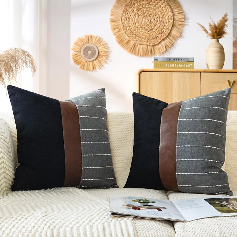 cygnus Decorative Pillow Covers 18x18,Black Linen and Striped Throw Pillow Covers with Dark Brown Faux Leather Accent,Boho Farmhouse Decor Square Cushion for Couch Sofa Livingroom,Gray
